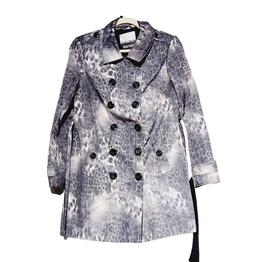 𝅺GRAY Animal Print Belted DbL Breasted Trench Coat Size: S - Picture 6 of 14